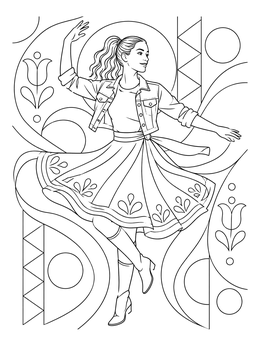 A woman dancing in modern folk dress on a hungary coloring page.