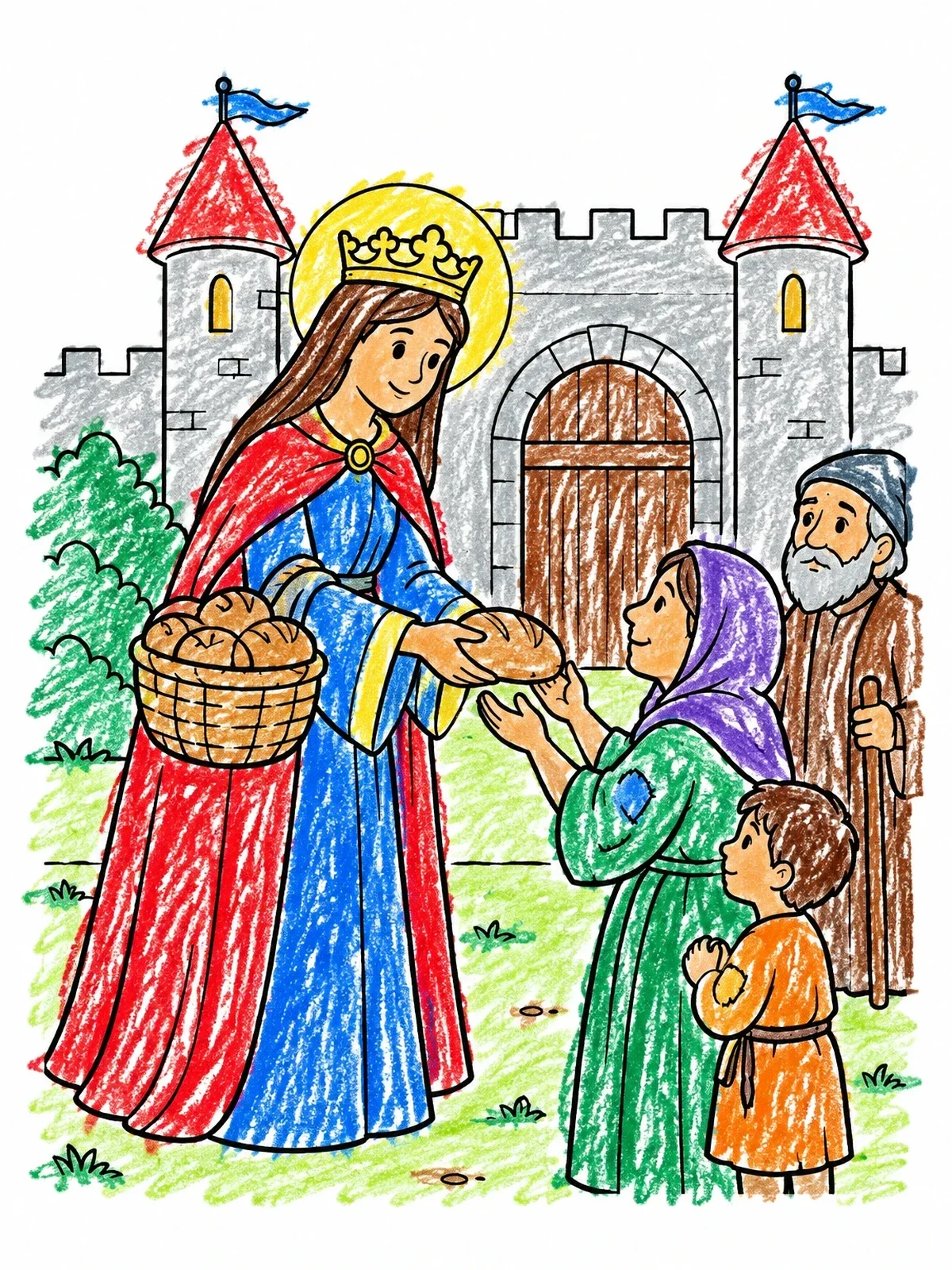 Colored example of the Saint Elizabeth Sharing Bread Outside Castle coloring page