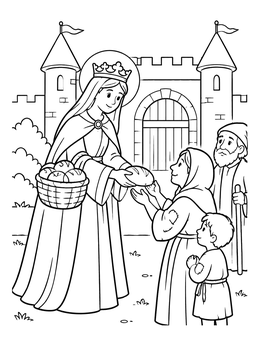 Free printable Saint Elizabeth Sharing Bread Outside Castle coloring page