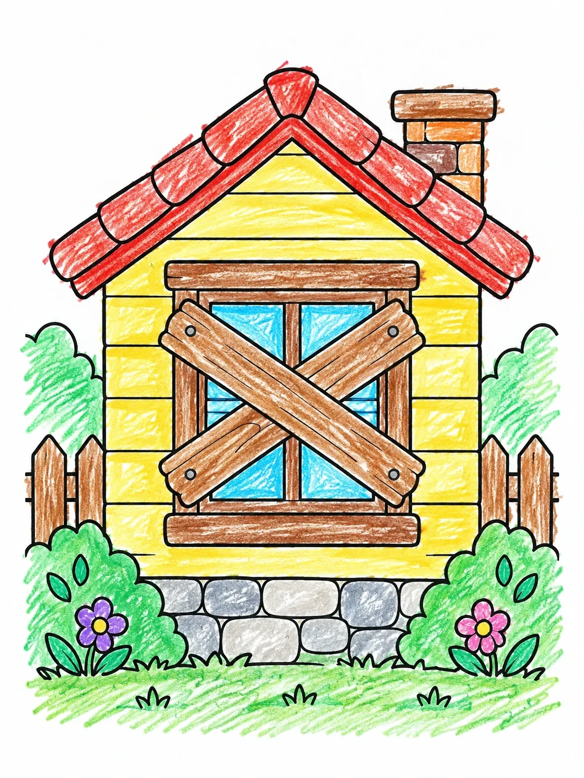 Colored example of the Boarded Window Cottage Prepared For Storm coloring page