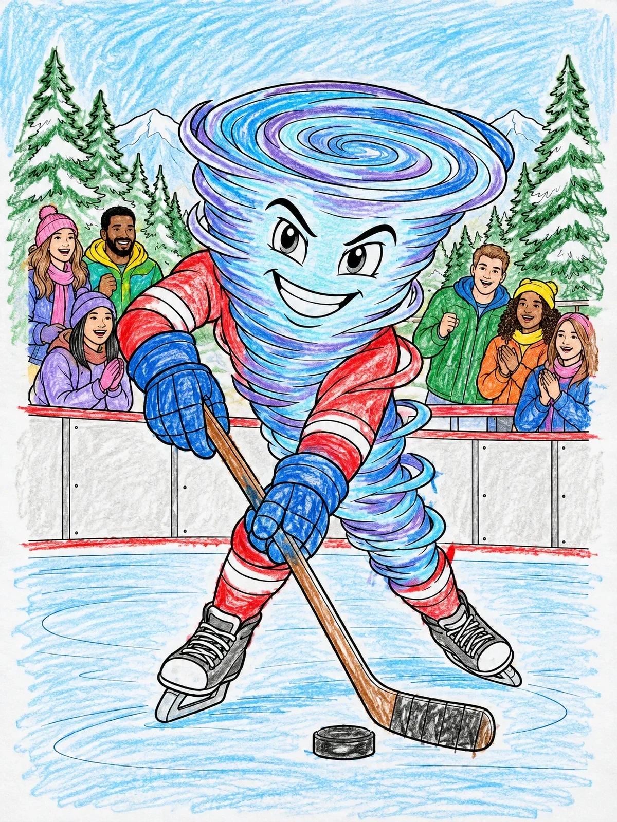 Colored example of the Cyclone Mascot Playing Ice Hockey coloring page