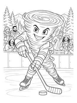 A whirlwind mascot plays hockey on ice in this hurricane coloring page.