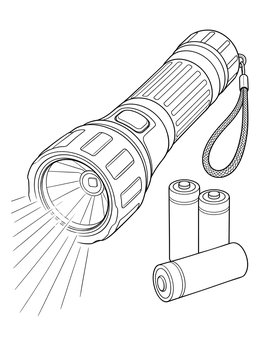 A flashlight shining bright light with spare batteries in a hurricane coloring page.
