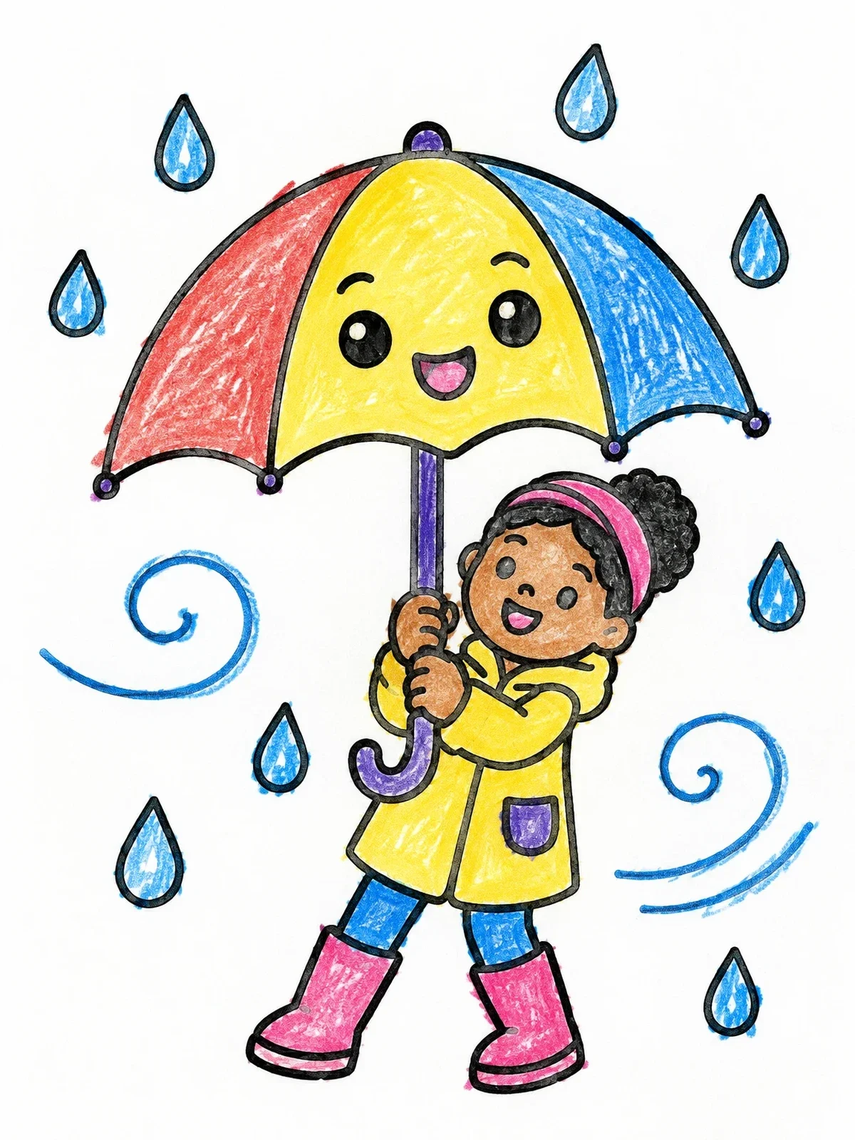 Colored example of the Happy Child With Smiling Umbrella coloring page