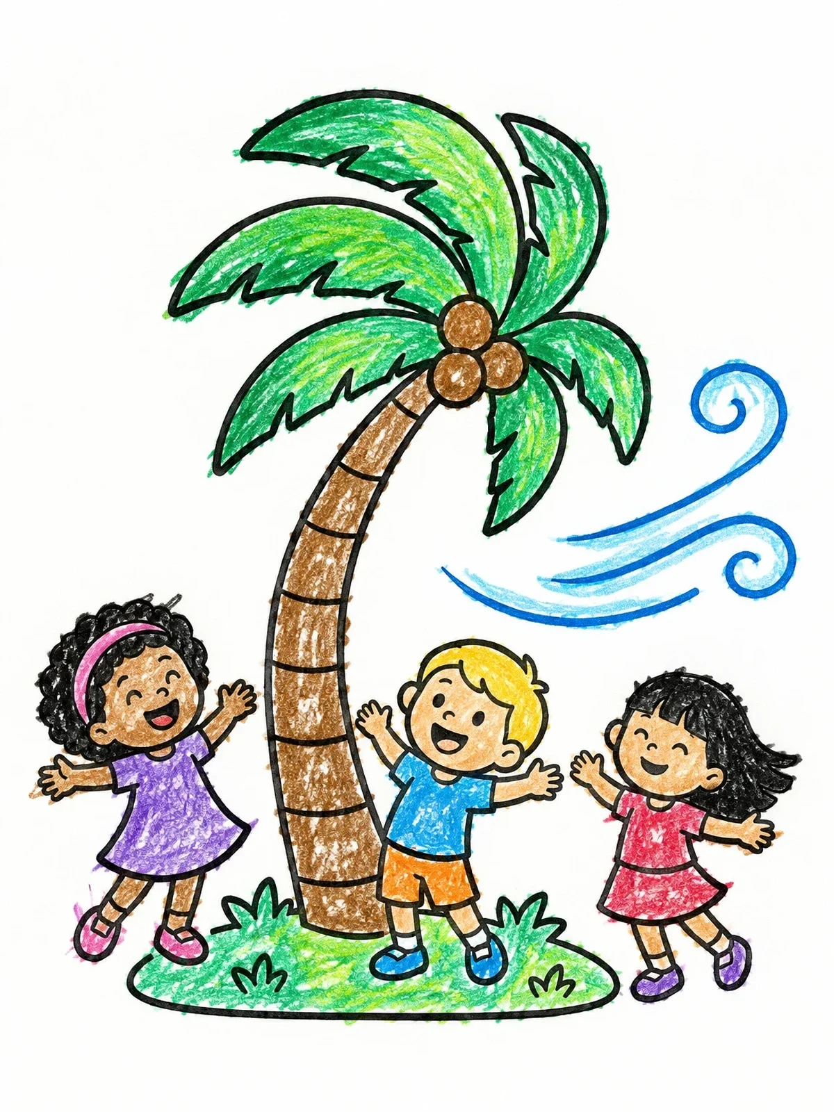 Colored example of the Children Playing By Bending Palm Tree coloring page