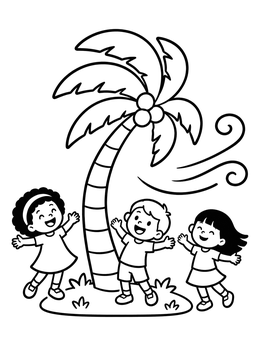 Free printable Children Playing By Bending Palm Tree coloring page