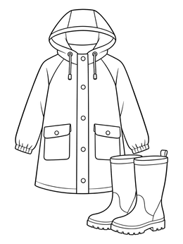 A waterproof hooded raincoat and tall boots featured in this hurricane coloring page.