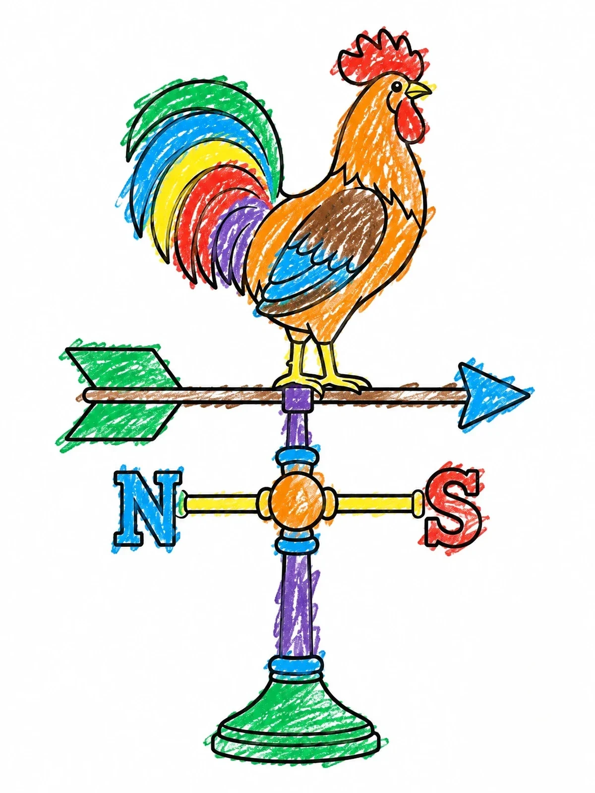Colored example of the Rooster Weather Vane Line Art coloring page