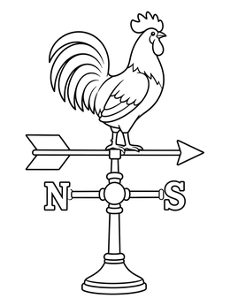 A rooster weather vane stands tall in this hurricane coloring page.