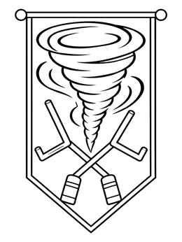 A sports banner emblem on this hurricane coloring page featuring a wind funnel and crossed goalposts.