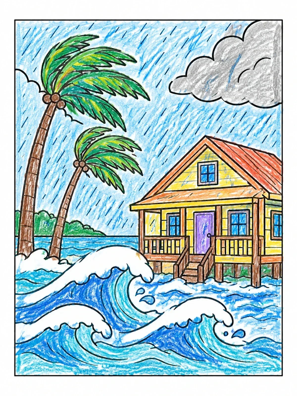 Colored example of the Stormy Beach House And Palm Trees coloring page
