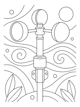 A spinning wind gauge features in this hurricane coloring page with swirling breeze patterns.