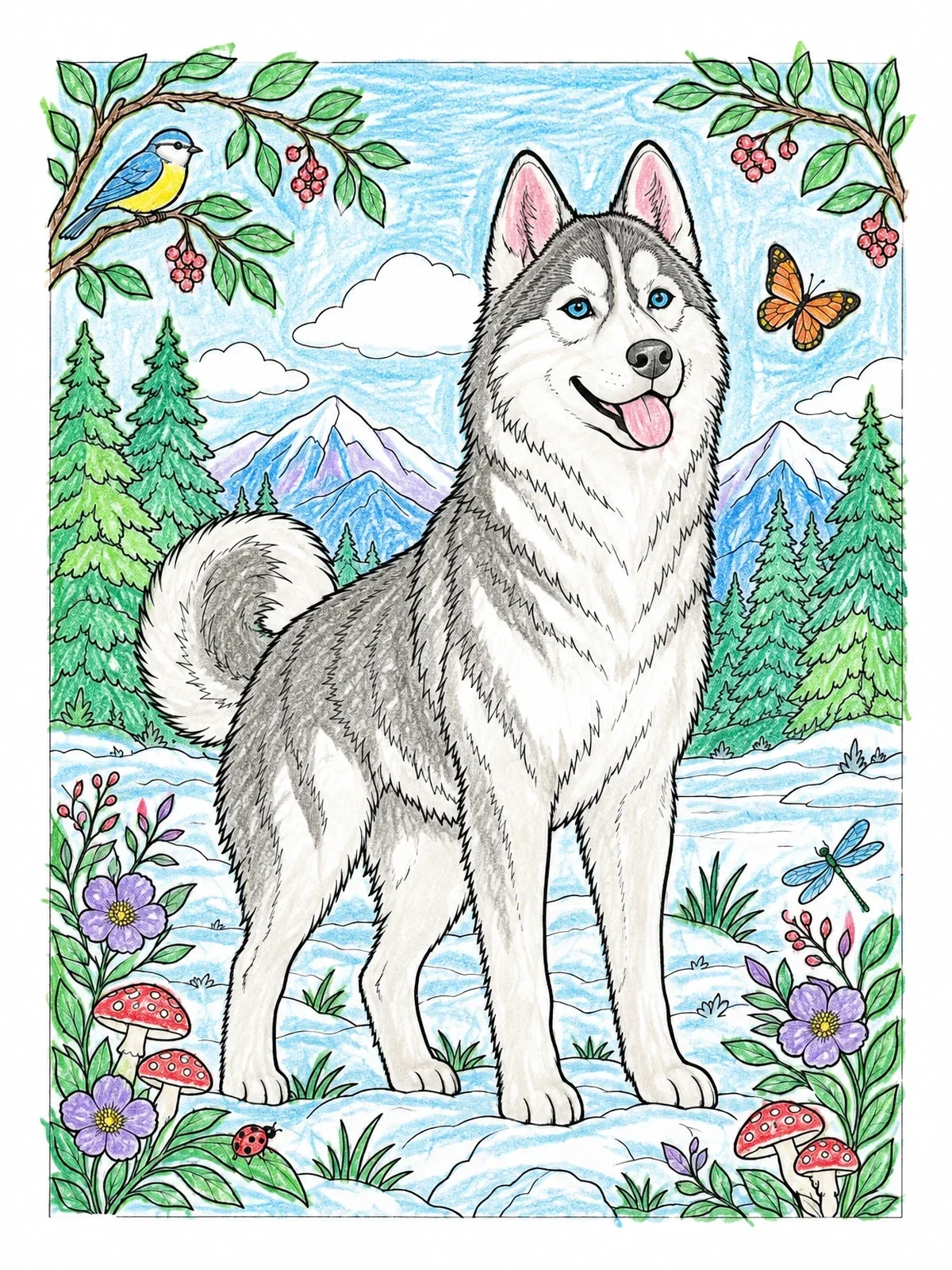 Colored example of the Husky In The Forest Clearing coloring page