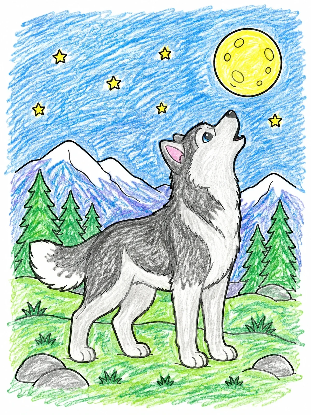 Colored example of the Husky Howling At The Night Moon coloring page
