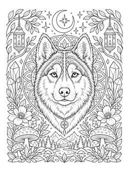 A detailed husky coloring page with mandala patterns, crystals, and lanterns.