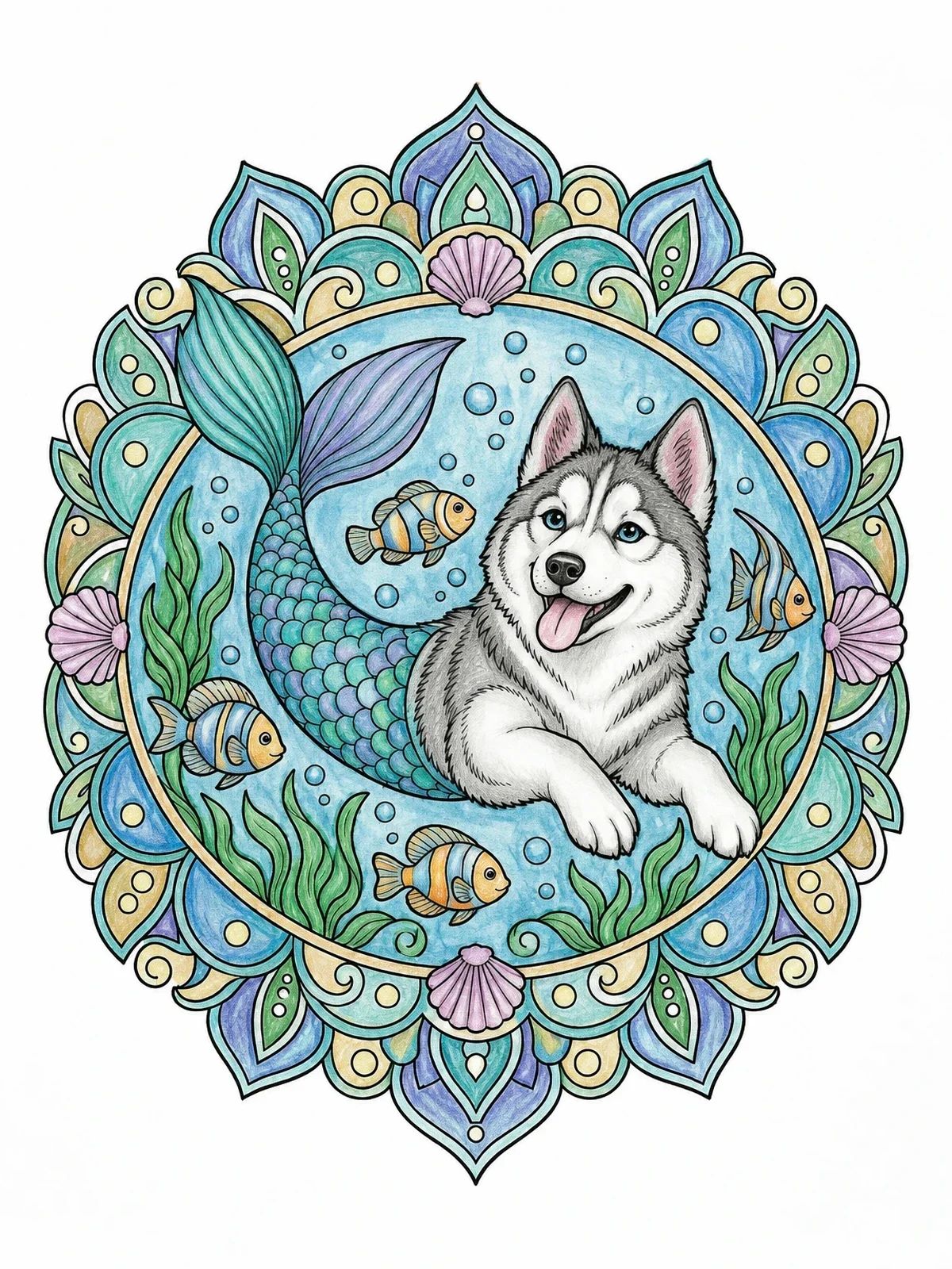 Colored example of the Husky Mermaid Dog Underwater Mandala coloring page