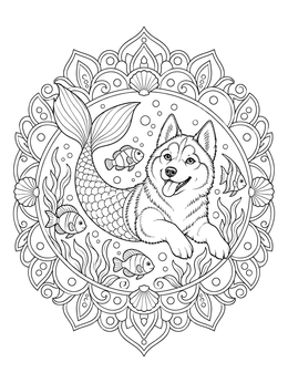 Free printable Husky Mermaid Dog Underwater Mandala coloring page