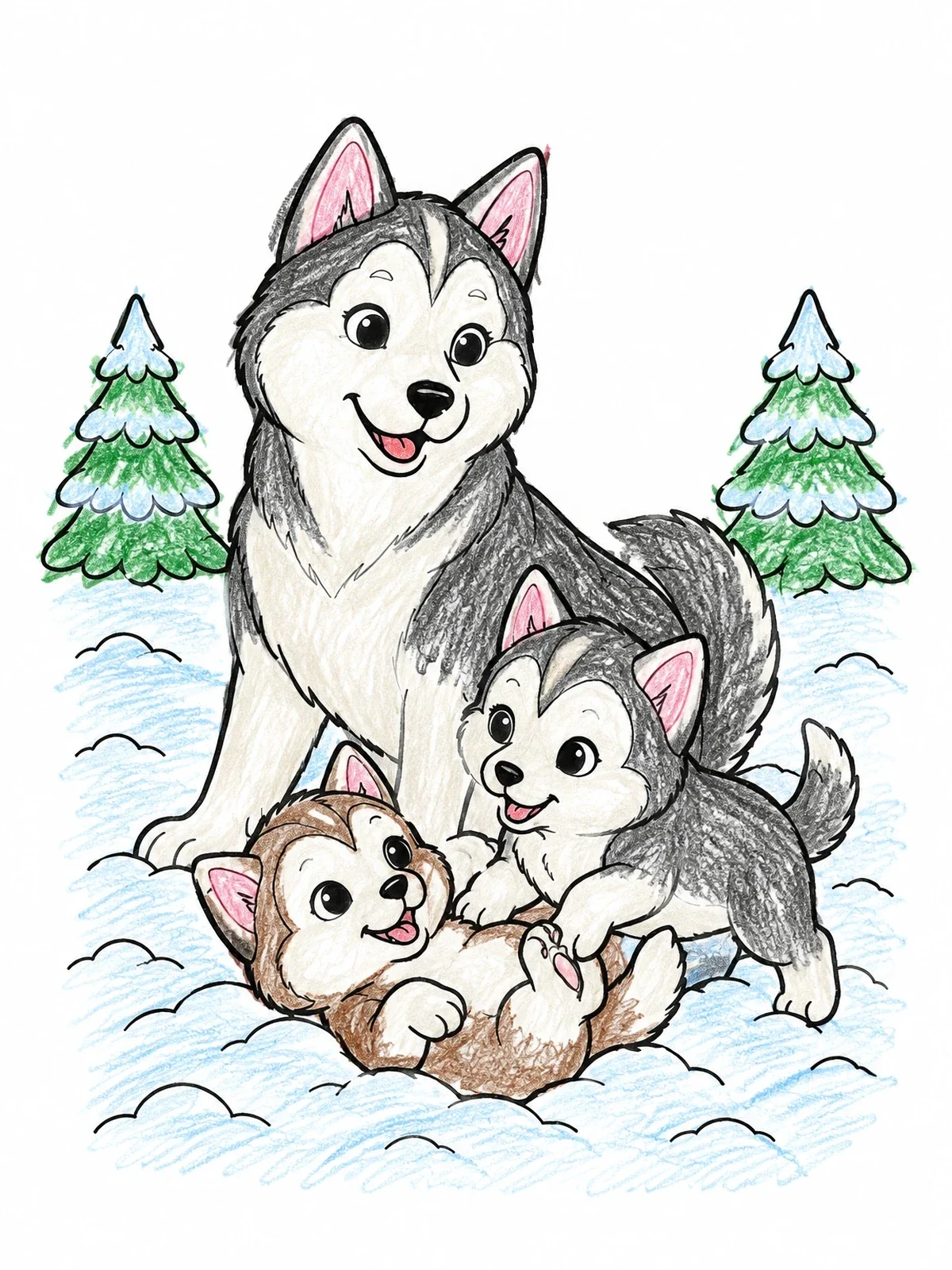 Colored example of the Husky Family Playing In The Snow coloring page