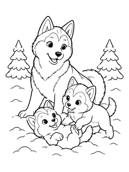 A mother dog watches over her puppies in this husky coloring page set in snow.