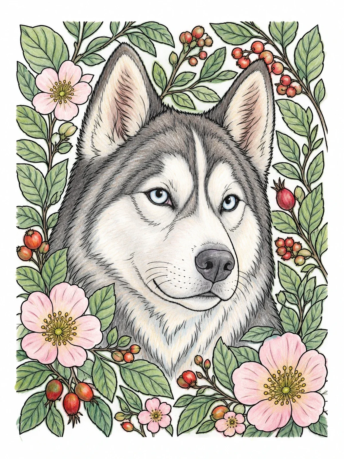 Colored example of the Husky Portrait With Floral Border coloring page