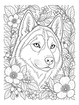 Detailed husky coloring page framed by blooming flowers and leaves.