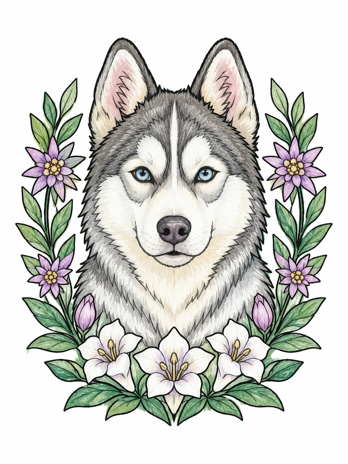 Colored example of the Husky Portrait With Mountain Flowers coloring page