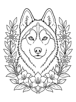 A detailed husky coloring page framed by blooming mountain flowers and leafy branches.