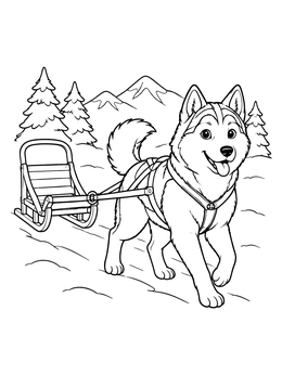 A cheerful husky pulling a wooden sled outdoors on this husky coloring page.