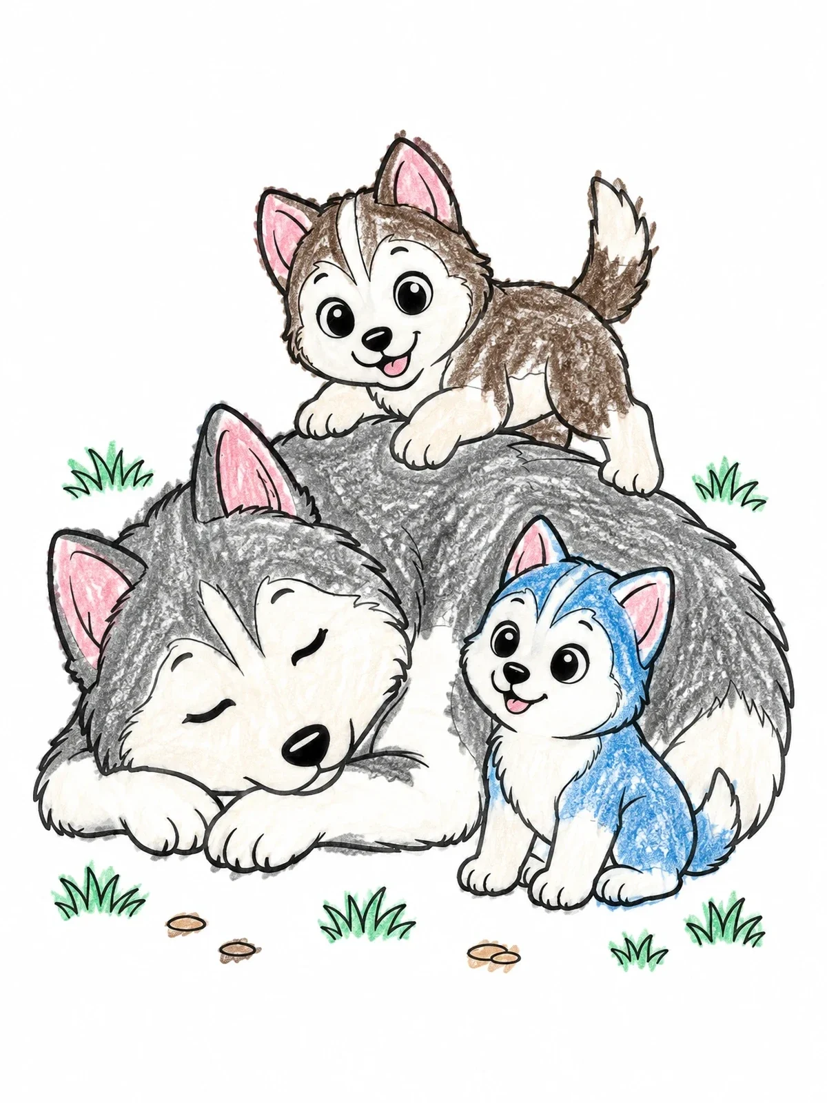 Colored example of the Husky Puppies With Sleeping Mother coloring page