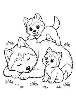 A sweet husky coloring page featuring playful puppies resting near their sleeping mother dog.