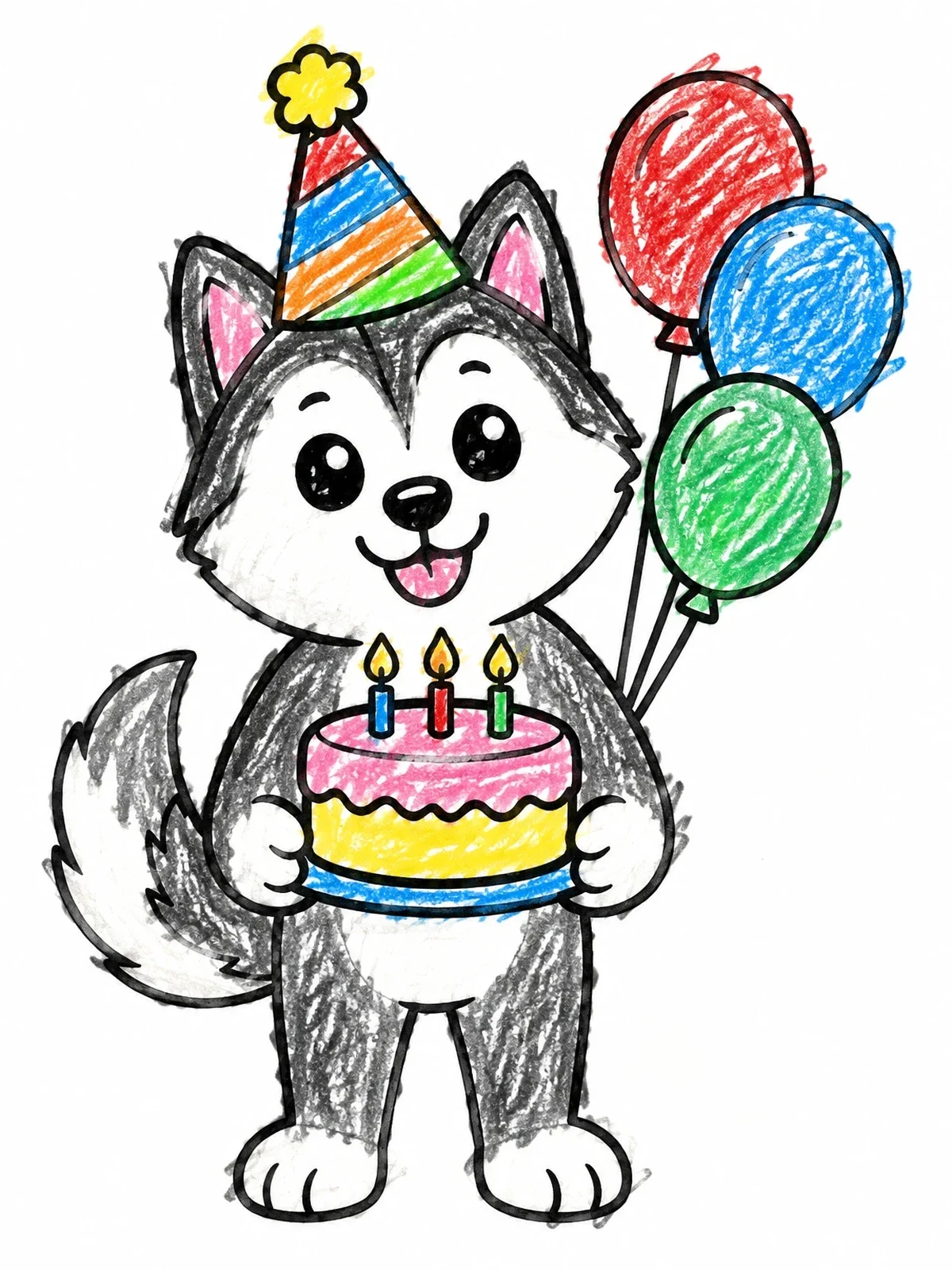Colored example of the Husky Puppy Celebrating Birthday Party coloring page