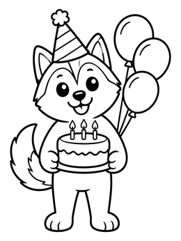 A cheerful puppy in a husky coloring page holding a cake with balloons and a party hat.