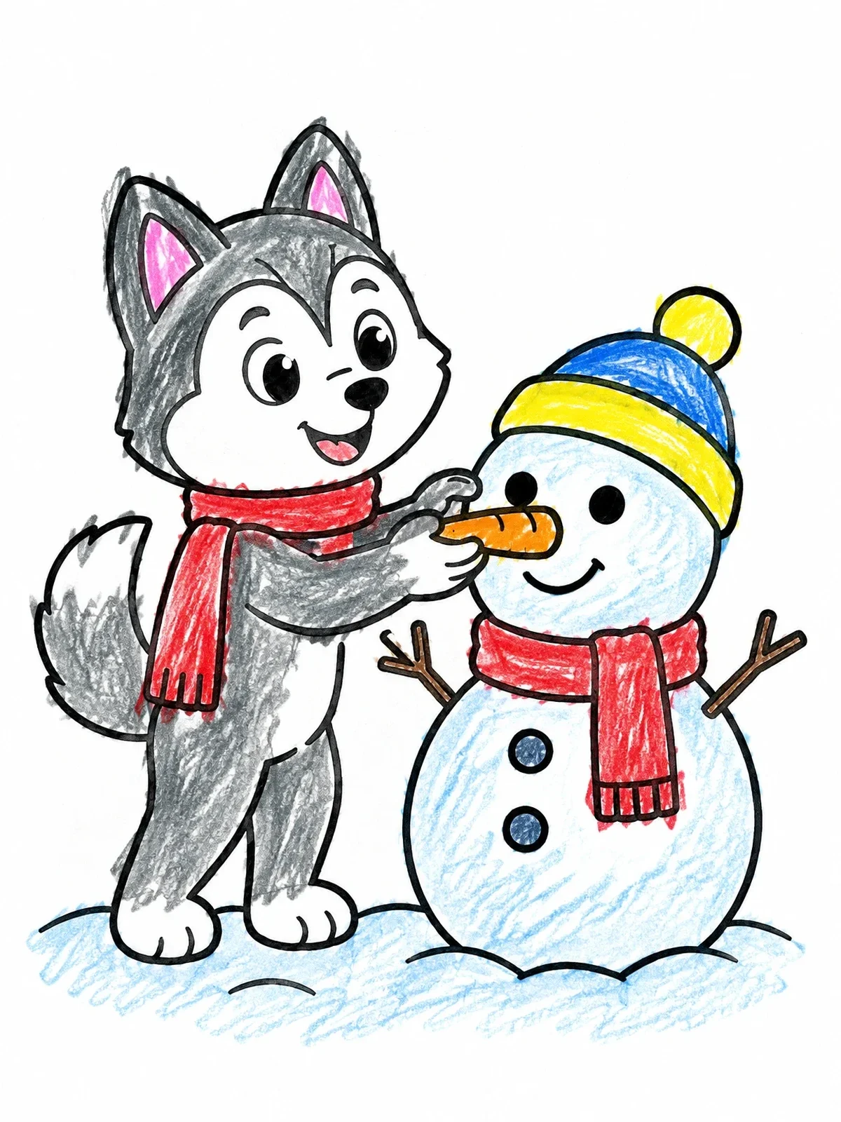 Colored example of the Husky Puppy Building A Snowman coloring page