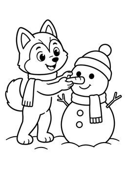 A cute husky coloring page showing a playful pup adding a carrot nose to a snowman.