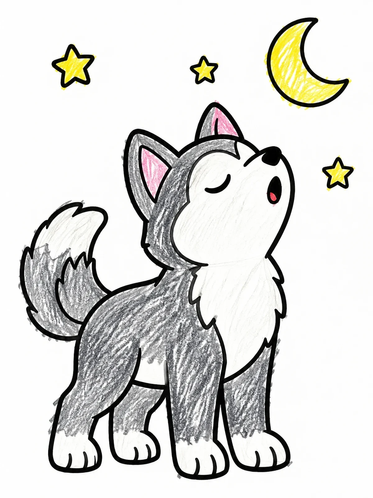 Colored example of the Husky Puppy Howling At The Moon coloring page