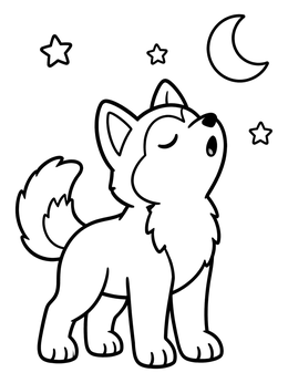 A cute husky coloring page showing a puppy howling at the moon and stars.