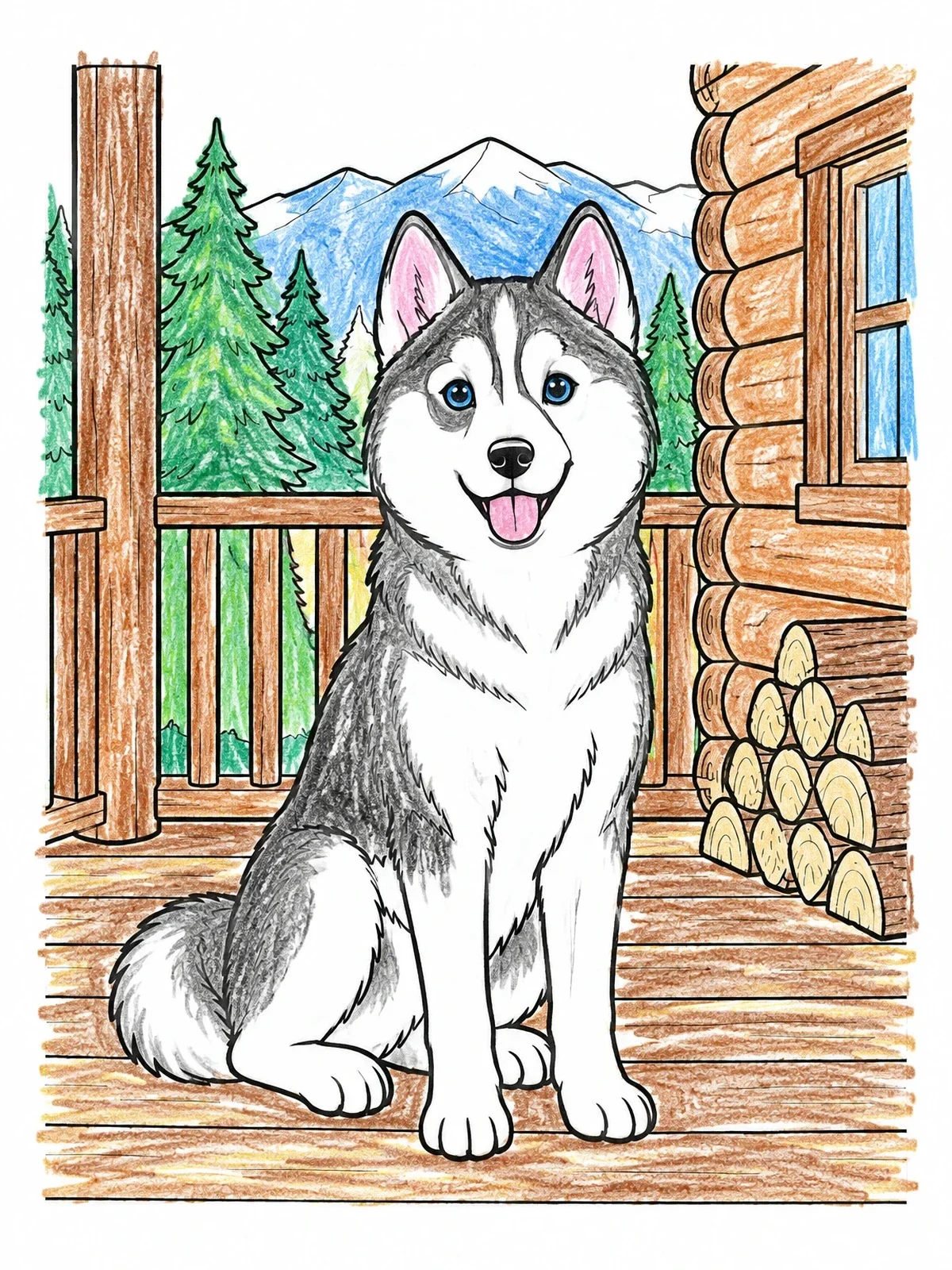Colored example of the Happy Husky On Cabin Porch coloring page