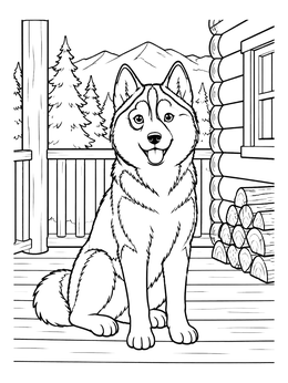 A friendly husky coloring page sitting on a log cabin porch with mountains behind.