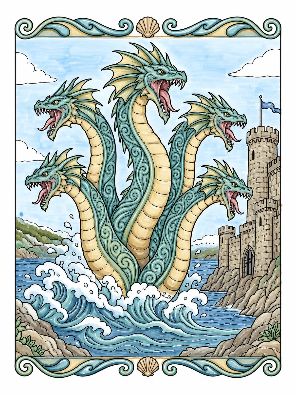 Colored example of the Multi Headed Hydra At Coastal Fortress coloring page