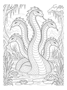 A detailed hydra coloring page featuring five serpent heads rising from a swamp with water lilies.