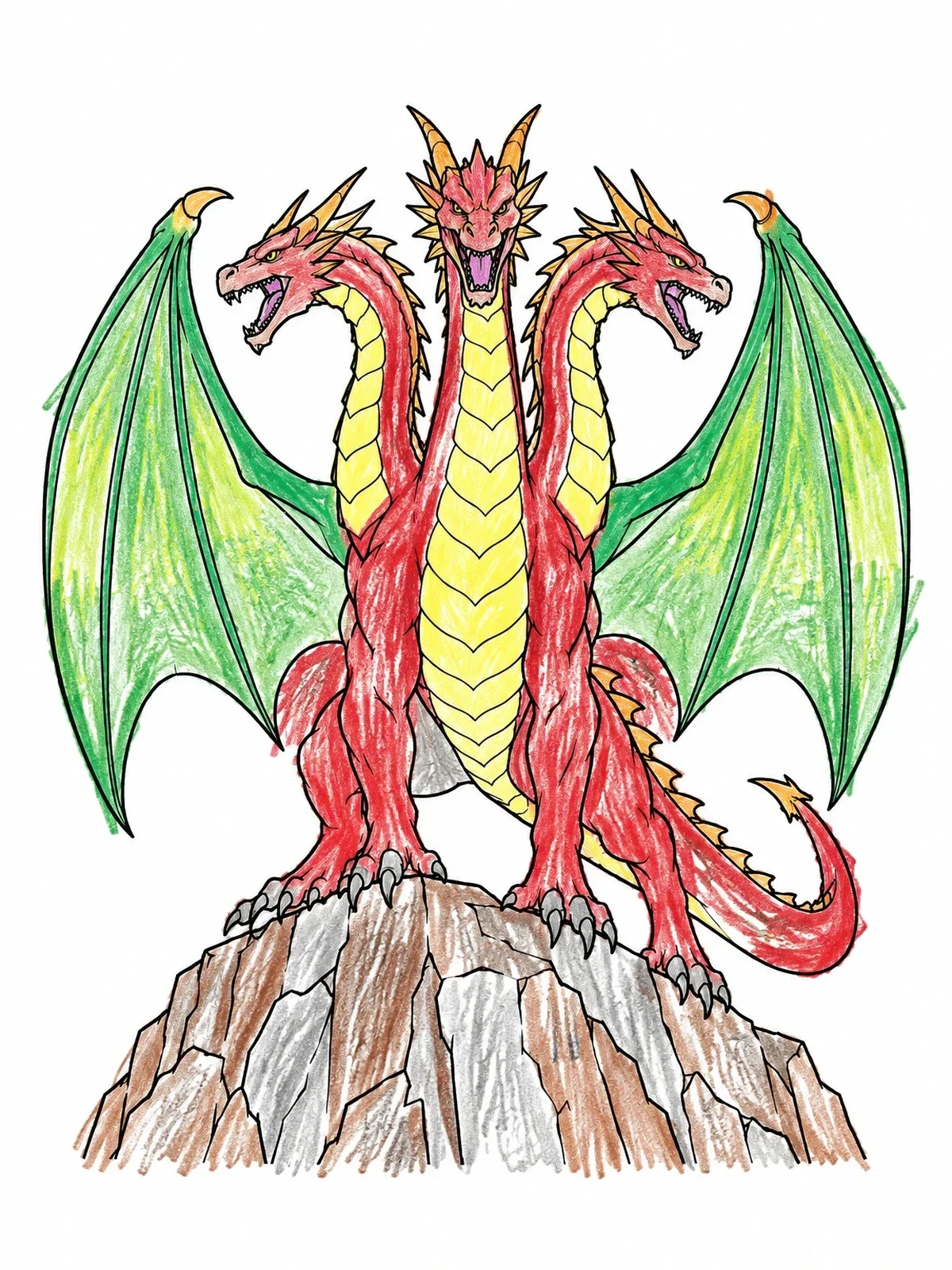 Colored example of the Three Headed Dragon On A Cliff coloring page