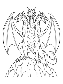 A fierce three-headed dragon perches atop a rocky peak in this hydra coloring page.
