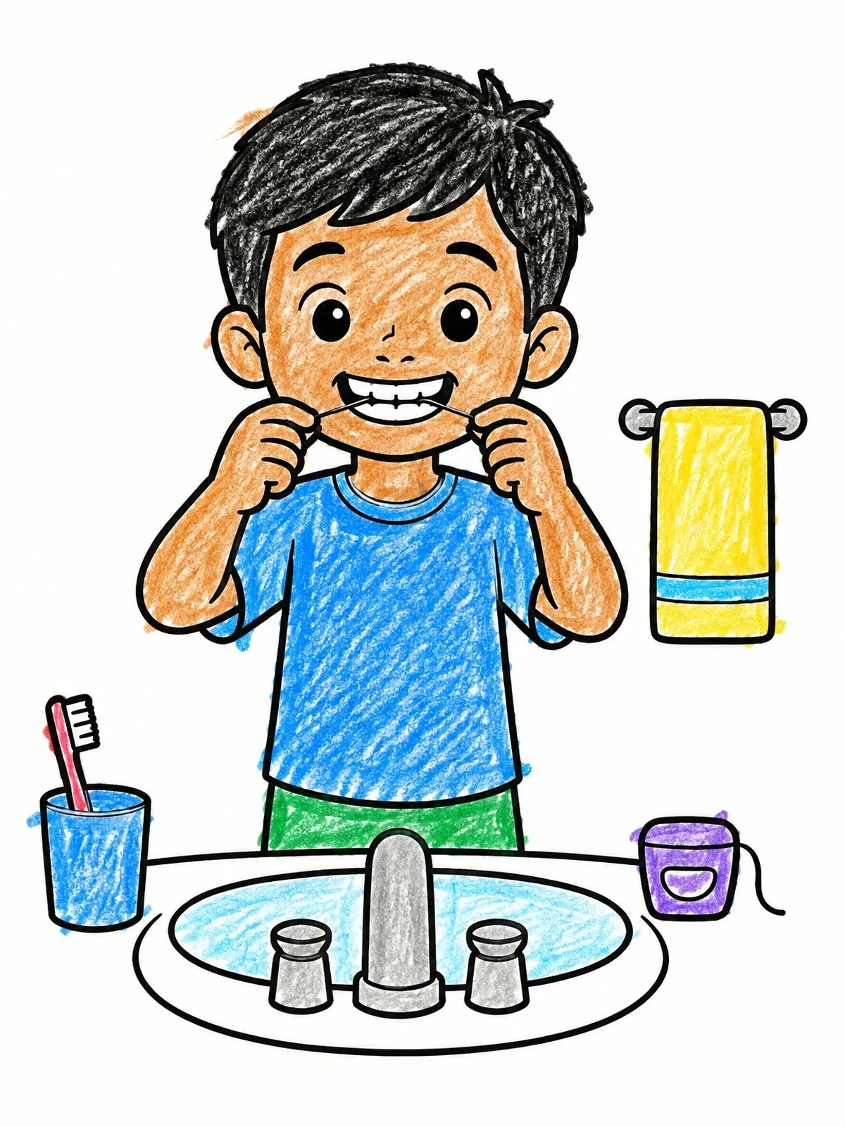 Colored example of the Boy Flossing At The Sink coloring page
