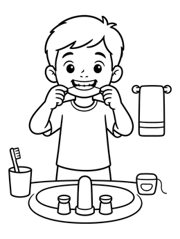 Free printable Boy Flossing At The Sink coloring page