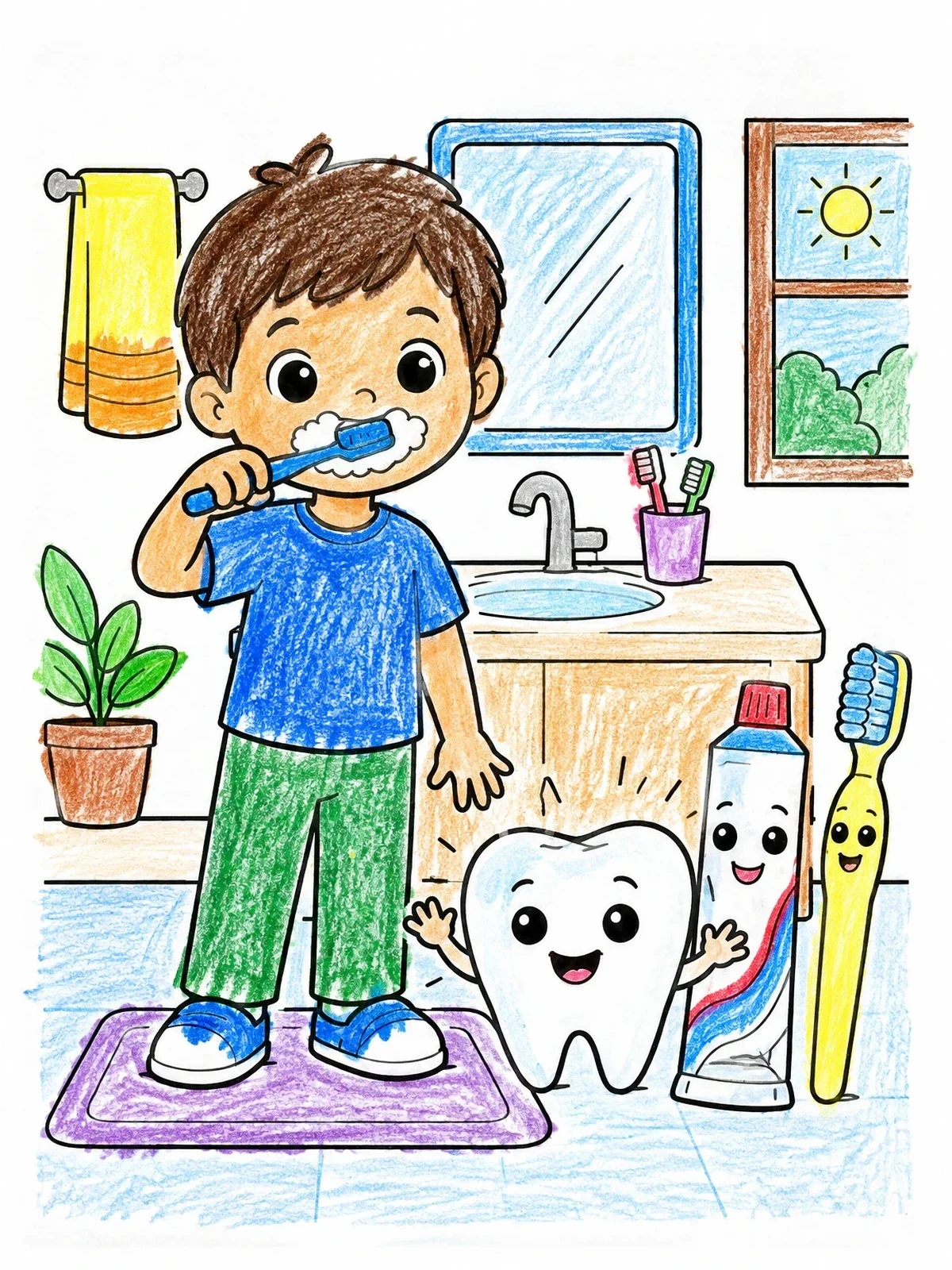 Colored example of the Child Brushing Teeth With Tooth Friends coloring page