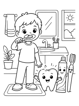 Free printable Child Brushing Teeth With Tooth Friends coloring page