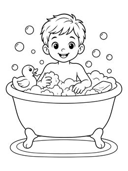 A cheerful toddler plays with bubbles in this hygiene coloring page.