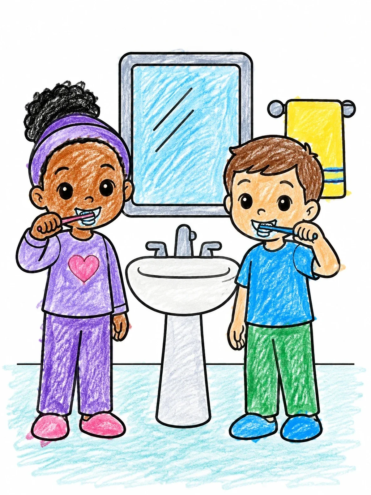 Colored example of the Children Brushing Teeth Together coloring page