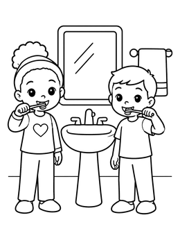 Free printable Children Brushing Teeth Together coloring page