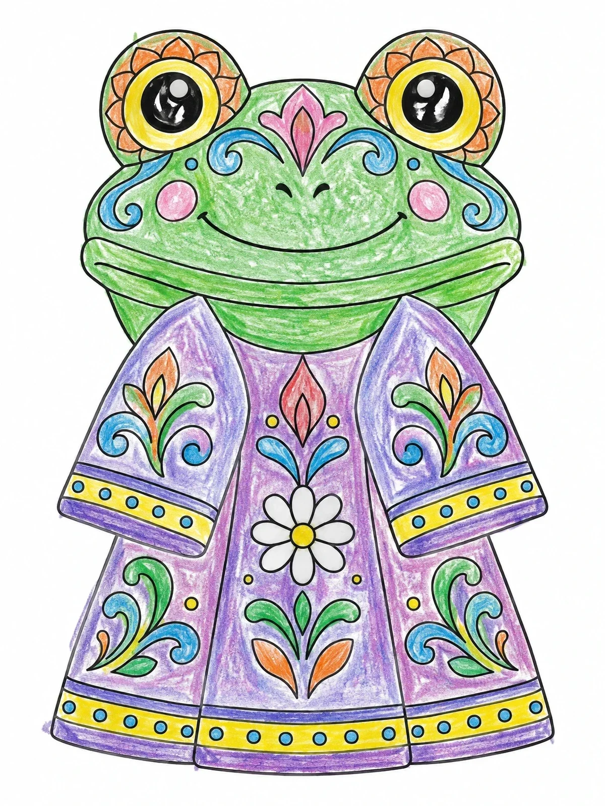 Colored example of the Cute Frog Washcloth Puppet coloring page